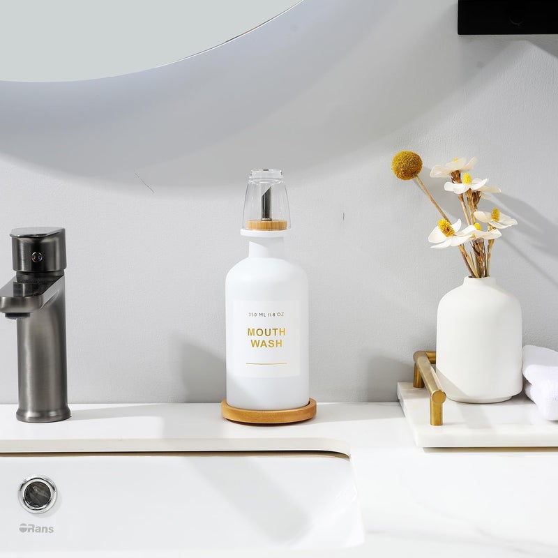 BONLONG 11.8OZ Mouthwash Dispenser for Bathroom with Bamboo & Stainless Steel Pour Spout, Mouthwash Cup Reusable, Bamboo Tray, and Elegant Gold Label. （White - Image 2